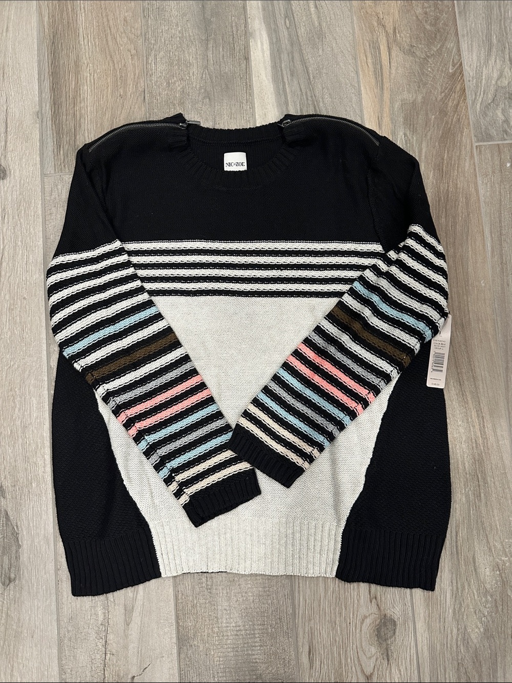 NIC+ZOE Black Ivory Striped Sleeve Sweater with Pastel Accents